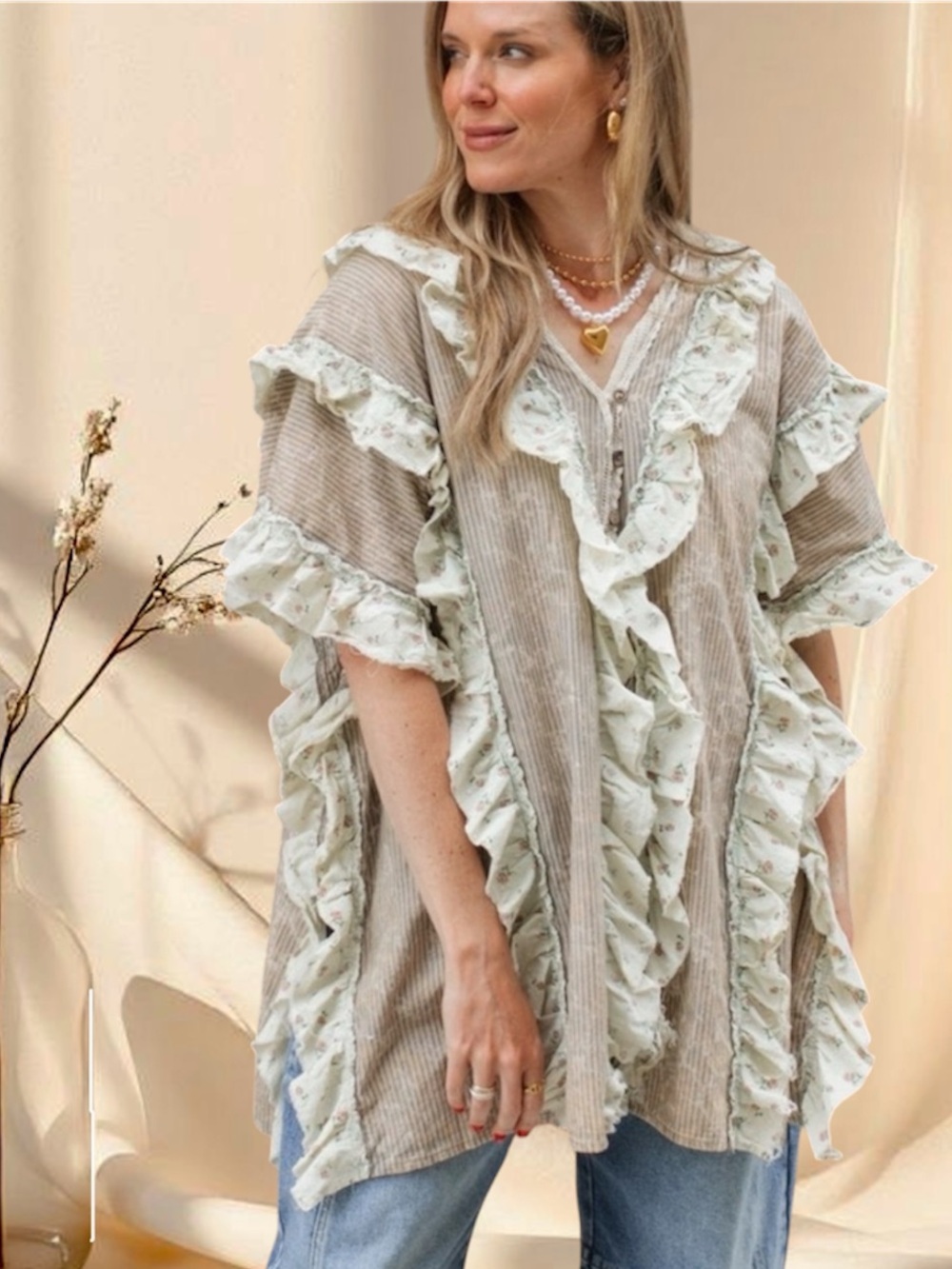 LAST ONE Oli & Hali Ruffle Trim Button Down Stripe & Floral Top